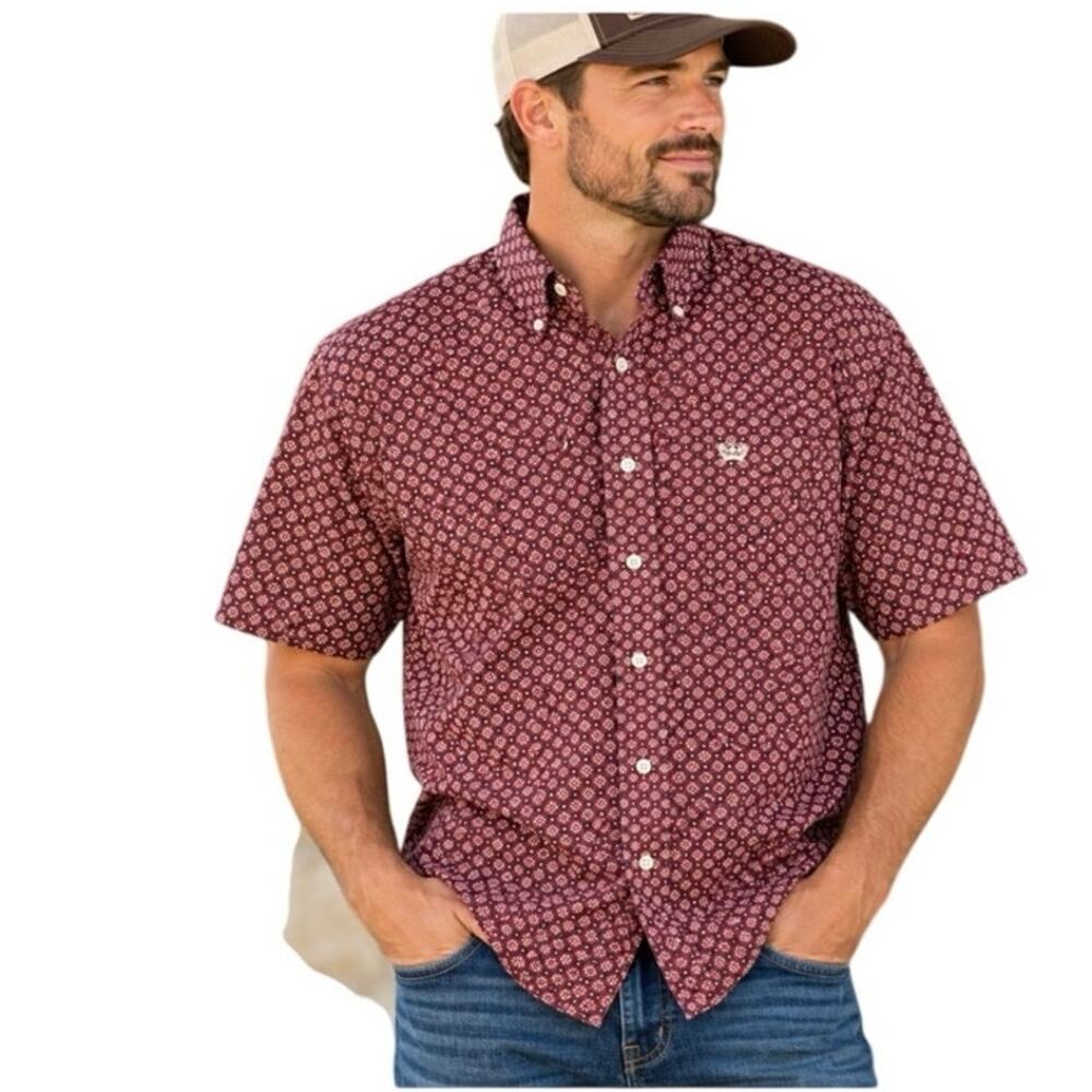 Cinch Mens XL Burgundy Geometric Print Short Sleeve Western Button Down Shirt